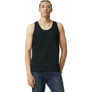 A unisex fine jersey tank in black, featuring a logo, worn by a model with jeans.