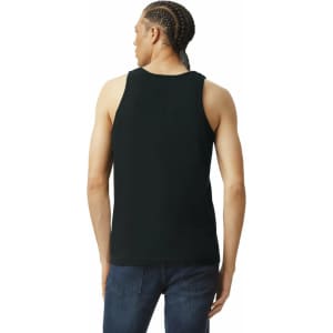 A black unisex fine jersey tank top with a simple design, featuring a logo on the back.