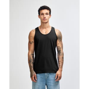 A black unisex fine jersey tank top displayed on a model, featuring a logo.