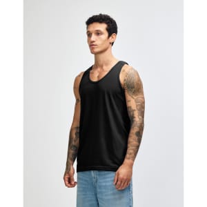 A unisex fine jersey tank in black, featuring a relaxed fit and a simple design. It has a logo on it.