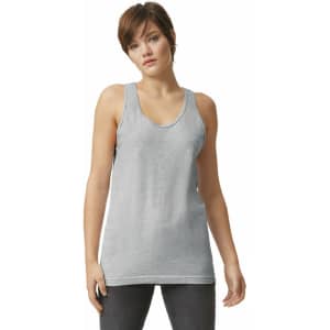 A unisex fine jersey tank in light grey, featuring a classic scoop neck design and a logo on the front.
