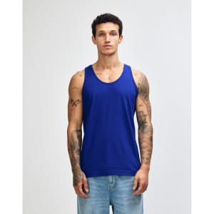 A blue unisex fine jersey tank top with a logo, displayed on a model against a plain background.