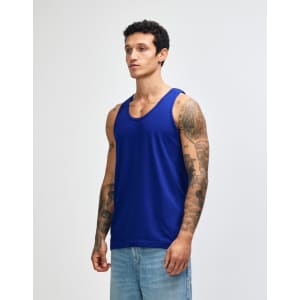 A unisex fine jersey tank in a vibrant blue colour, featuring a casual fit and a logo on the front.