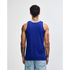 A blue unisex fine jersey tank top with a casual fit, featuring a logo on the back.