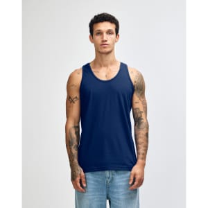 A unisex fine jersey tank top in navy blue with a contrasting red side design. Features a logo on the garment.