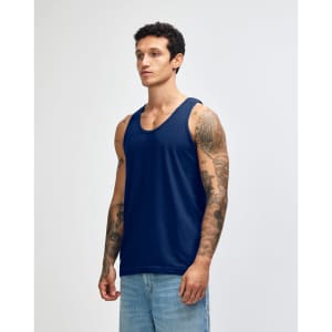 A unisex fine jersey tank in deep navy, featuring a relaxed fit and minimal branding. Ideal for casual wear.