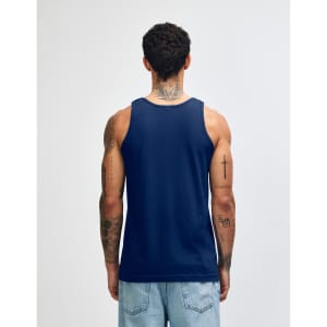 A navy blue unisex fine jersey tank top viewed from the back, featuring a simple design and logo.