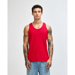 A red unisex fine jersey tank top displayed on a model, featuring a logo on the garment.