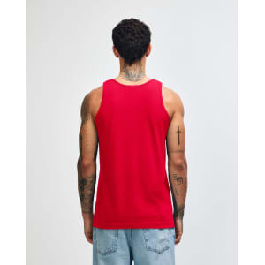 A red unisex fine jersey tank top is displayed from the back, featuring a simple design and a relaxed fit.