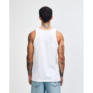 A white unisex fine jersey tank top displayed from the back. The garment features a logo.