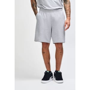 Grey unisex gym shorts with an elastic waistband, featuring a logo on the side. Suitable for sports and casual wear.