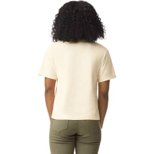 A back view of a cream-coloured women's heavyweight boxy T-shirt, featuring short sleeves and a relaxed fit.