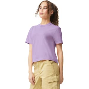 A purple heavyweight boxy T-shirt worn by a model, featuring a casual fit and short sleeves.
