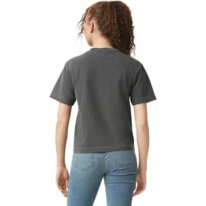 A women's heavyweight boxy T-shirt in dark grey, featuring short sleeves and a back view. Includes a logo.