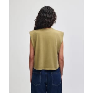 A green women's muscle t-shirt with a cropped design, featuring cap sleeves and a plain back view.