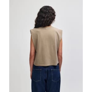 A cropped muscle t-shirt in a muted brown colour, featuring sleeveless design and a simple back view.