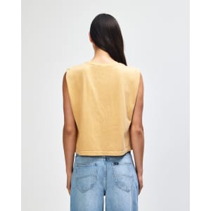 A back view of a women's muscle T-shirt in a light yellow hue, with a casual fit and no sleeves.