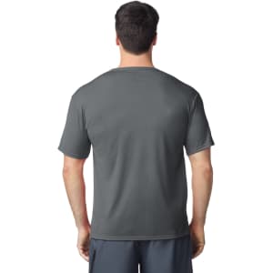 A grey adult performance t-shirt featuring a logo, showcasing a back view and short sleeves.