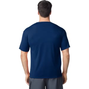 A dark navy Gildan Performance adult t-shirt, viewed from the back, featuring short sleeves and a smooth fabric.