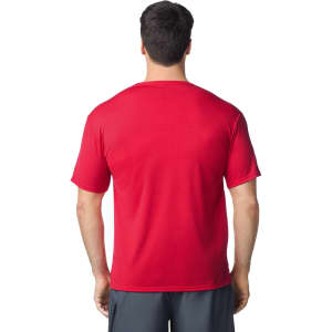 A red Gildan Performance adult t-shirt displayed from the back, featuring short sleeves and a round neck.