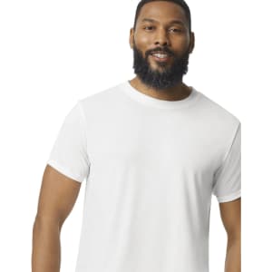 A white adult T-shirt featuring a classic crew neck and short sleeves, displayed on a model with a beard.