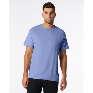A blue Gildan Heavy Cotton Adult T-Shirt displayed on a model, featuring a round neckline and short sleeves.