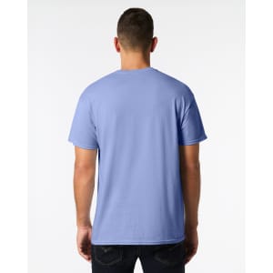 A blue Gildan Heavy Cotton adult T-shirt displayed from the back, featuring a plain design and a logo.