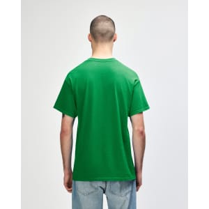 A green Gildan Heavy Cotton adult t-shirt viewed from the back, featuring a plain design and a logo.