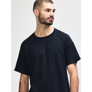 A black Gildan Heavy Cotton Adult T-Shirt featuring a classic design and a logo on the front.