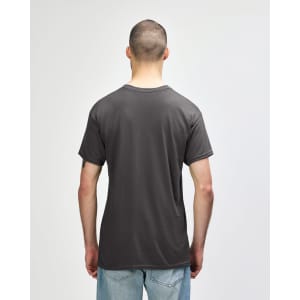 A grey Gildan Heavy Cotton Adult T-Shirt, viewed from the back, featuring a simple design and a logo.