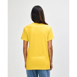 A yellow Gildan Heavy Cotton adult T-shirt viewed from the back, featuring a plain design and short sleeves.