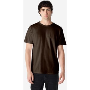 A dark brown Gildan Heavy Cotton adult t-shirt displayed on a model. It features a classic crew neck design.