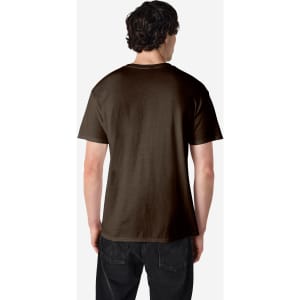 A brown Gildan Heavy Cotton adult T-shirt displayed from the back, featuring a simple design and short sleeves.