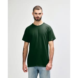 A green Gildan Heavy Cotton Adult T-Shirt displayed on a male model, featuring a simple design with a logo.