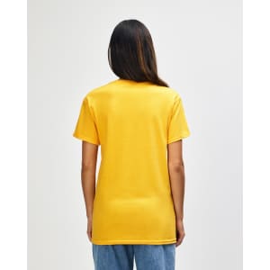 A back view of a Gildan Heavy Cotton adult t-shirt in vibrant yellow, featuring short sleeves and a plain design.