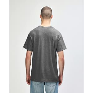 A grey Gildan Heavy Cotton adult t-shirt viewed from the back, featuring a simple design and short sleeves.