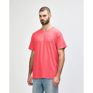 A red Gildan Heavy Cotton Adult T-Shirt displayed on a model, featuring a simple design and a casual fit.