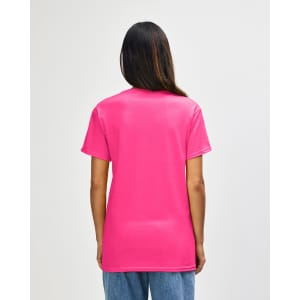 A back view of a pink Gildan Heavy Cotton Adult T-Shirt. The shirt features a logo on the upper back.