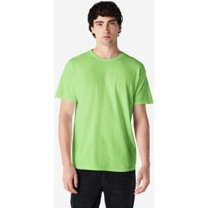 A green Gildan Heavy Cotton Adult T-Shirt displayed on a model, featuring a simple design and crew neck.