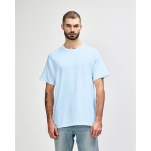A light blue Gildan Heavy Cotton adult T-shirt displayed on a male model. The shirt has a logo on it.