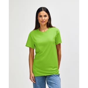 A heavy cotton adult T-shirt in vibrant lime green, featuring a logo on the front.