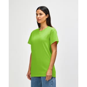 A green adult t-shirt displayed on a male model, featuring a simple design and a logo on the front.