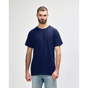 A navy Gildan Heavy Cotton adult t-shirt displayed on a model, featuring a plain design and short sleeves.