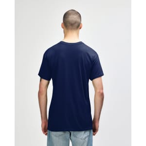 A heavy cotton adult T-shirt in navy blue, featuring a classic crew neck and short sleeves, with a branding logo.