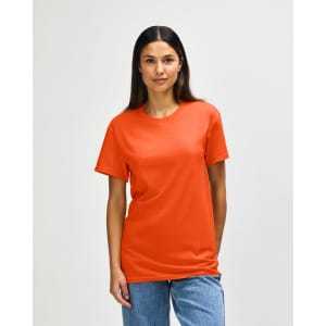 An orange Gildan Heavy Cotton adult T-shirt displayed on a male model against a plain background.