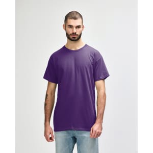 A purple Gildan Heavy Cotton Adult T-Shirt displayed on a model, featuring a plain design and a logo.