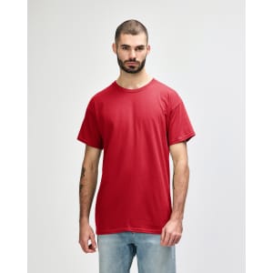 A red Gildan Heavy Cotton adult t-shirt displayed on a model. The shirt has a logo branding.