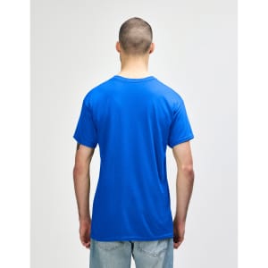 A blue Gildan Heavy Cotton Adult T-Shirt displayed from the back, featuring short sleeves and a relaxed fit.