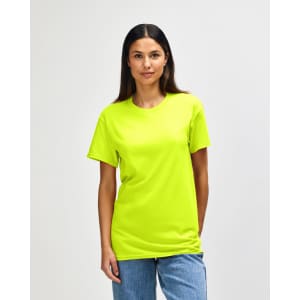 A bright neon yellow Gildan Heavy Cotton adult t-shirt on a model, featuring a simple crew neck design and short sleeves.