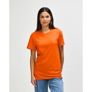 An orange Gildan Heavy Cotton Adult T-Shirt worn by a model with a plain background. The shirt has a logo.